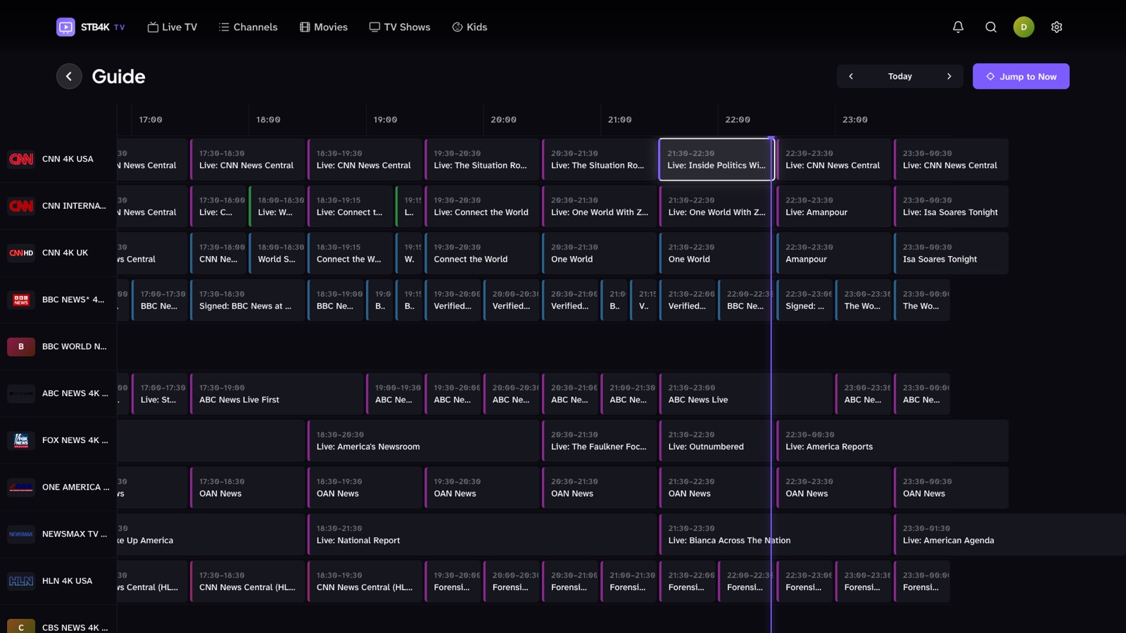 STB4K TV guide grid with channels and programmes