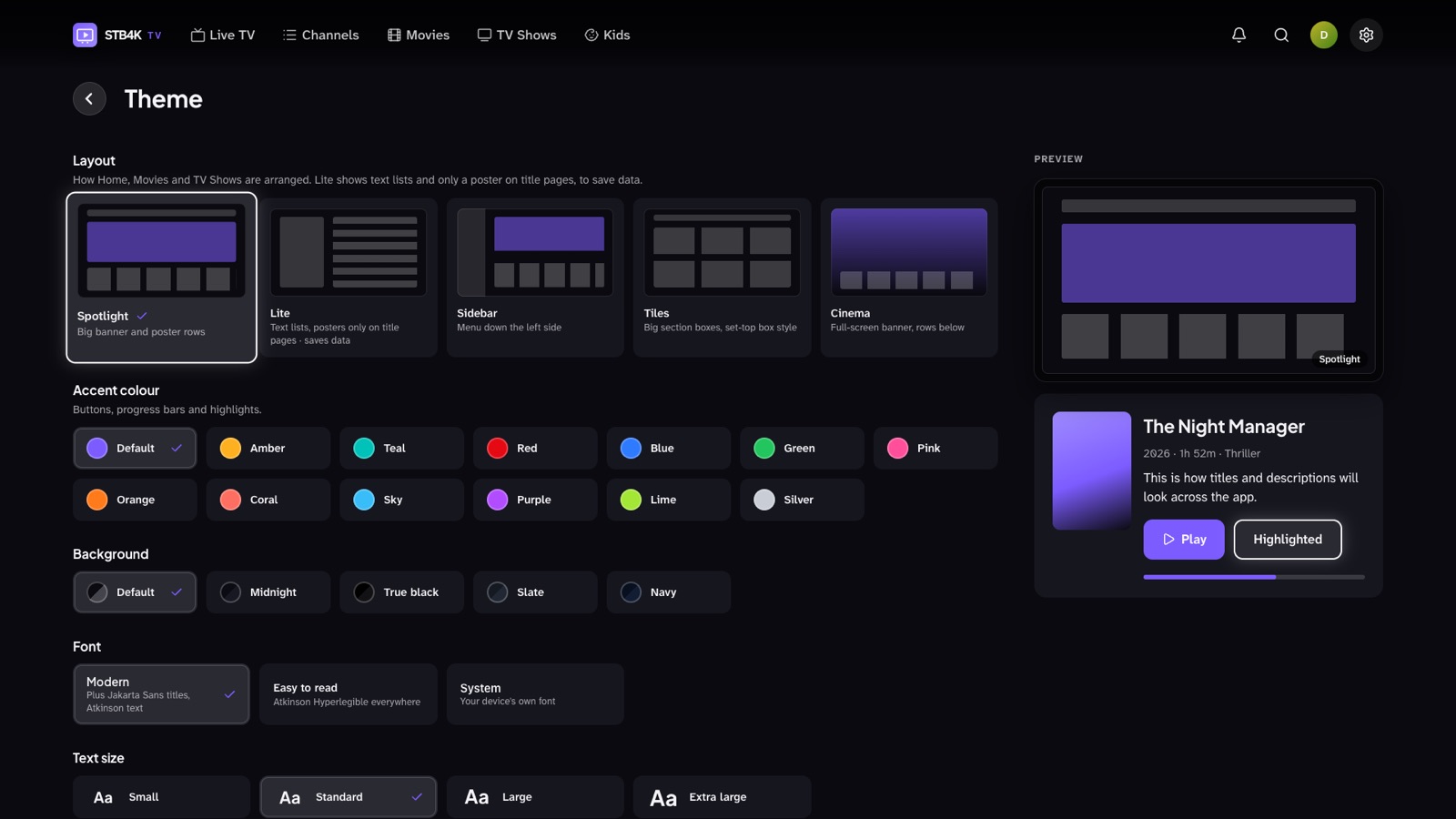 Theme settings with layouts, colours, fonts and text size